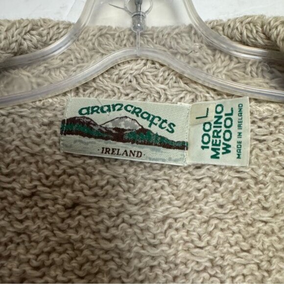 ARAN CRAFTS Ireland Wool Cable Knit Cardigan Sweater Knit Cozy Warm Tan Button L - Picture 10 of 16